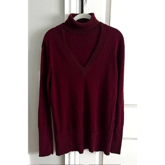Tome NYC Merino Wool Blend Neck Cut-Out Turtleneck Burgundy Sweater Medium - Picture 2 of 11
